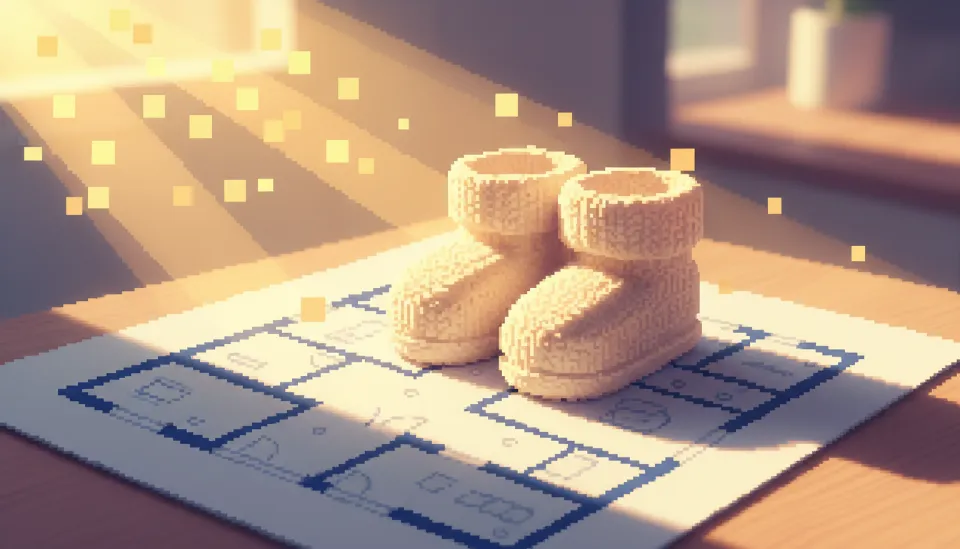 주택 평면도 위에 놓인 아기 신발을 통해 신생아 특례 대출과 신혼부부 혜택을 암시하는 이미지