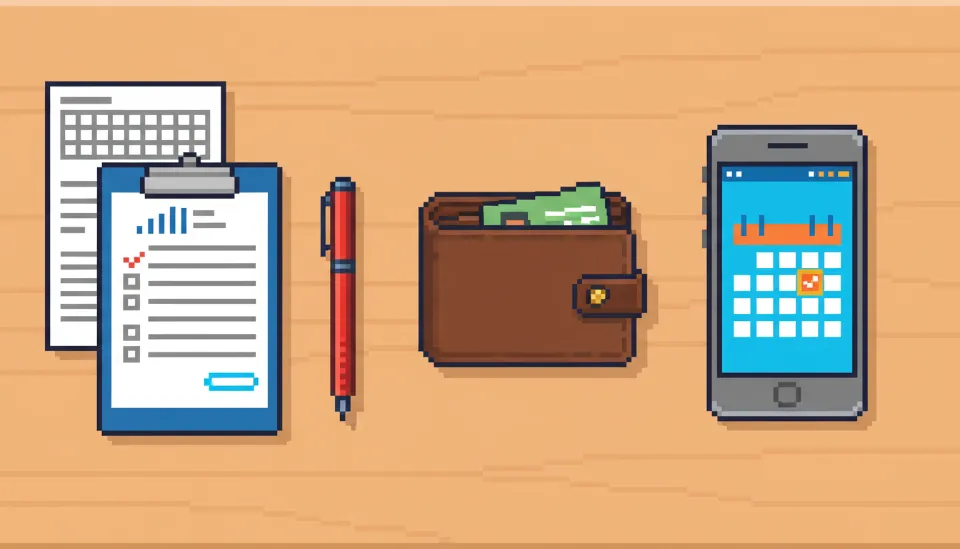 신분증, 소득 증빙 서류, 체크리스트 등 전세자금대출 상담을 위해 준비된 서류들의 정돈된 모습