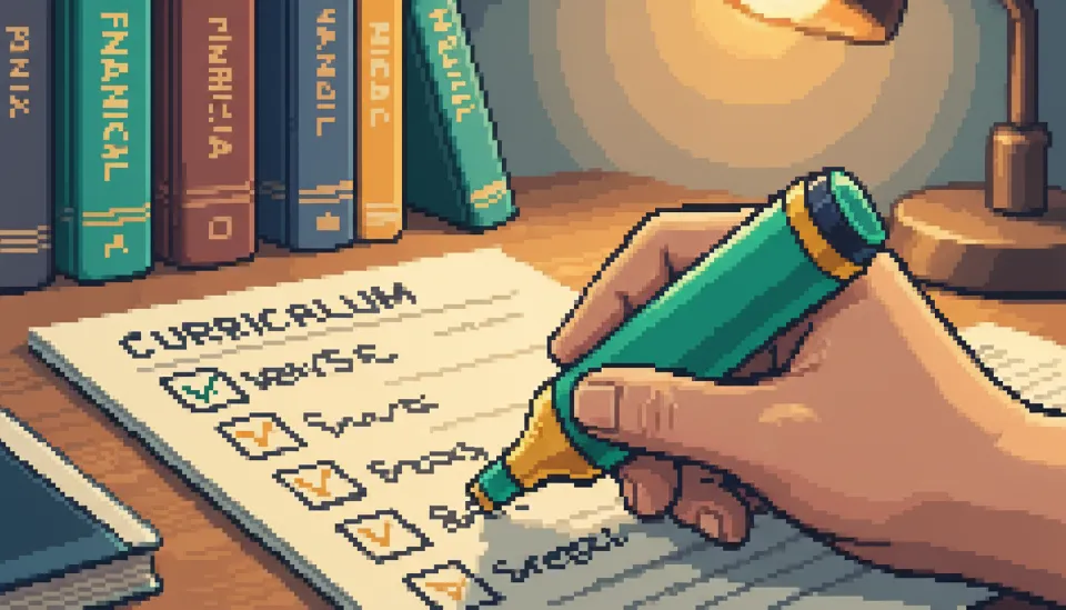 회계원리와 중급회계 과목이 적힌 커리큘럼 리스트에 형광펜으로 체크하며 수강 신청을 준비하는 손