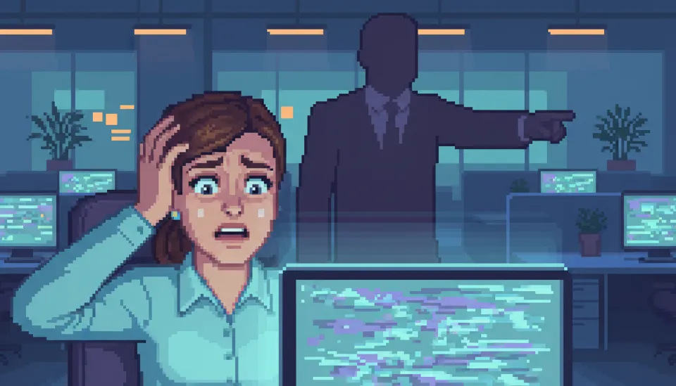 어두운 사무실 조명 아래서 혼란스러운 표정으로 모니터를 응시하는 직장인과 뒤편에서 손가락질하는 상사의 흐릿한 실루엣