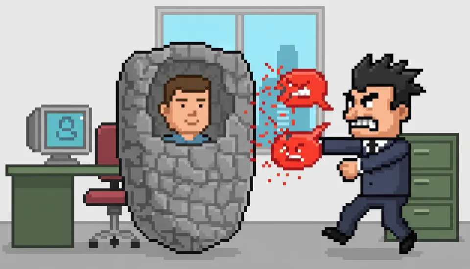 직장 상사의 붉은색 비난 말풍선을 단단한 돌 방패로 차분하게 막아내며 감정 동요 없이 앉아 있는 직장인 일러스트