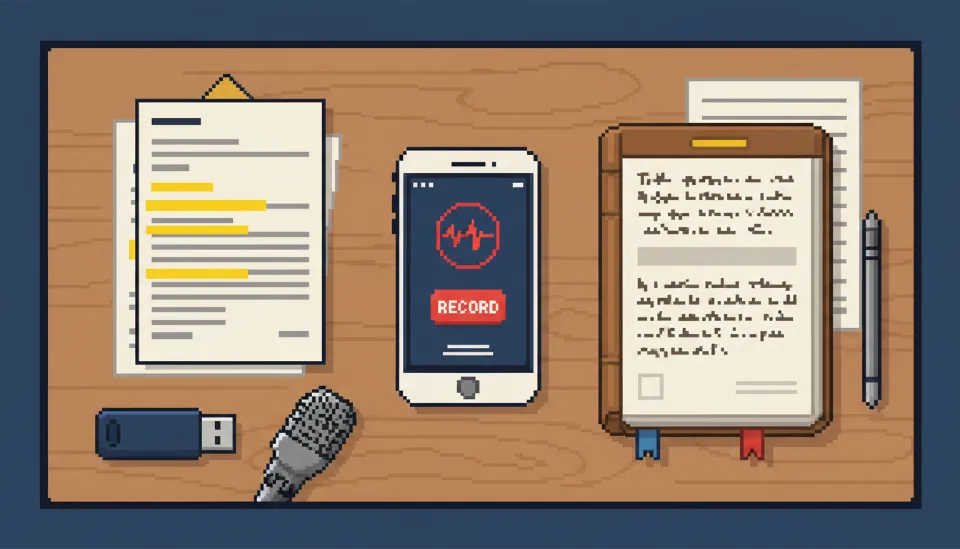 책상 위에 놓인 음성 녹음 중인 스마트폰과 형광펜으로 중요 부분이 표시된 이메일 출력물, 그리고 꼼꼼하게 작성된 다이어리