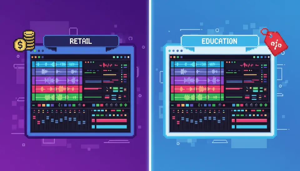 큐베이스 14 일반판과 교육용 버전이 기능적으로 100% 동일하지만 가격 차이가 있음을 보여주는 비교 인포그래픽