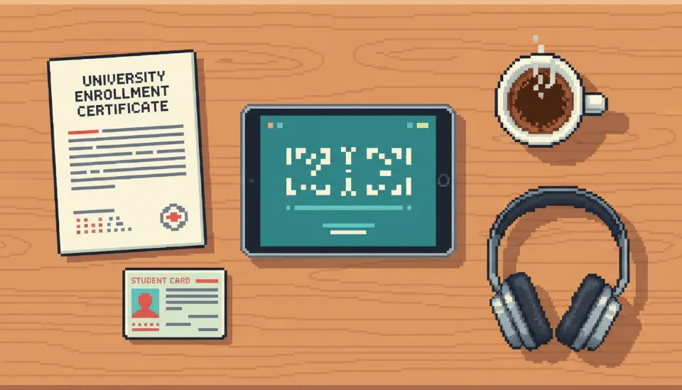 책상 위에 놓인 태블릿의 스테인버그 인증 화면과 함께 준비된 대학교 재학증명서 및 학생증 서류의 모습