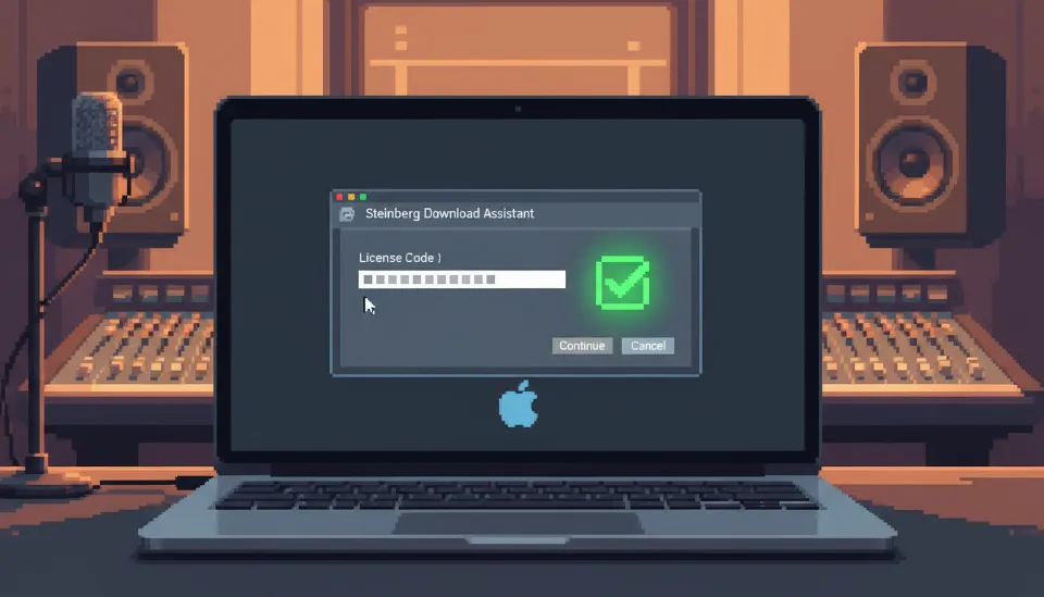 스테인버그 다운로드 어시스턴트 프로그램에서 라이선스 코드를 입력하고 활성화에 성공한 노트북 화면 클로즈업