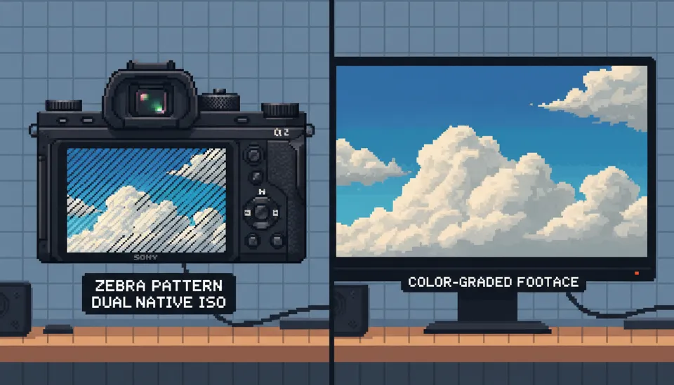 S-Log3 촬영 시 제브라 패턴이 표시된 소니 A7C2 LCD 화면과 노출 보정 후의 깨끗한 결과물을 비교한 모습