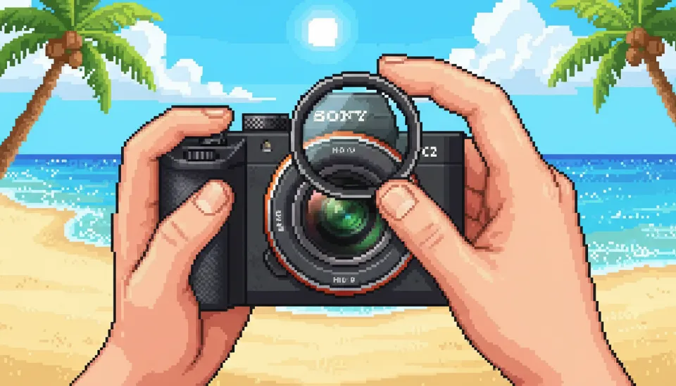 해변을 배경으로 소니 A7C2 렌즈에 장착된 가변 ND 필터를 조절하고 있는 여행자의 손 클로즈업