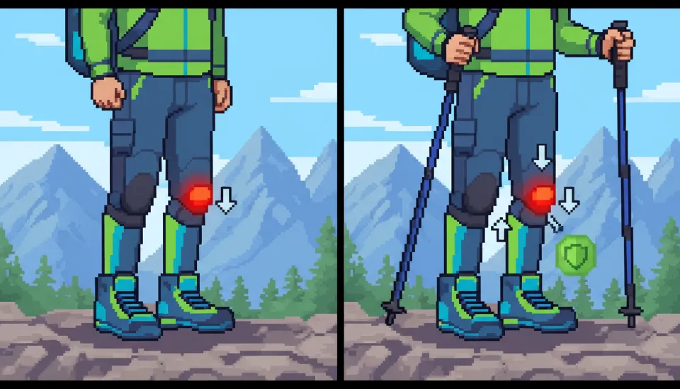 등산 스틱 사용 시 무릎 하중이 40% 감소하는 원리를 보여주는 인포그래픽과 등산객의 하체 모습