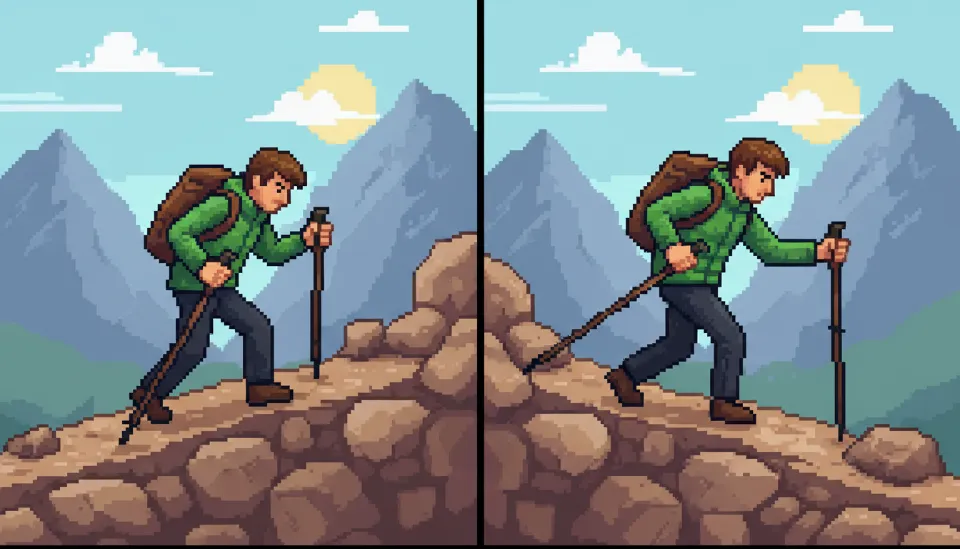 오르막과 내리막 지형에 맞춰 등산 스틱 길이를 다르게 조절하는 등산객의 팔꿈치 각도 비교 사진