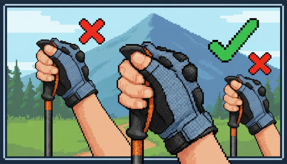 손목 스트랩 아래에서 위로 손을 넣어 손잡이를 감싸 쥐는 올바른 등산 스틱 파지법 클로즈업