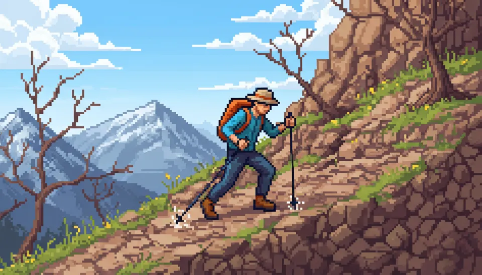 가파른 하산길에서 스틱을 발보다 앞에 짚고 체중을 분산하며 내려오는 등산객의 올바른 보행 자세