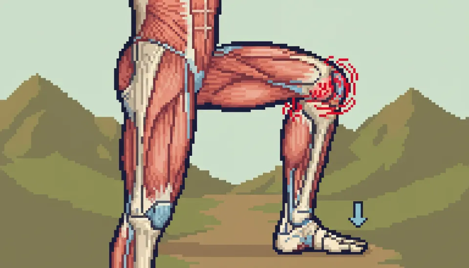 하산 시 무릎 관절에 가해지는 하중과 대퇴사두근의 신장성 수축 과정을 보여주는 해부학적 인포그래픽 이미지