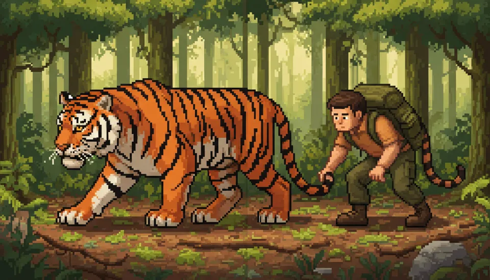 숲속에서 은밀하게 걷는 호랑이의 낮은 자세와 이를 모방하여 무릎을 굽히고 하산하는 등산객의 비교 모습