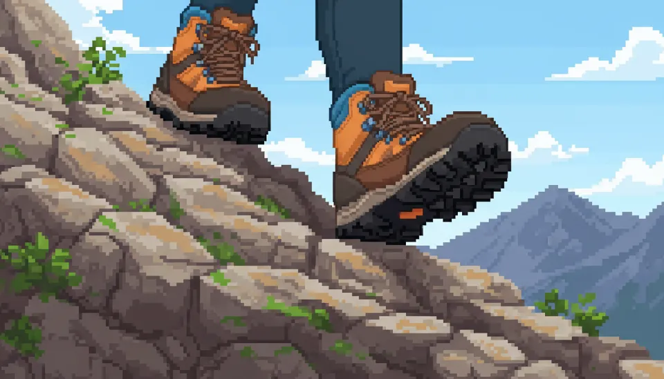 가파른 바위 길에서 등산화 바닥 전체가 지면에 밀착되어 충격을 분산시키는 올바른 하산 발 디딤 모습