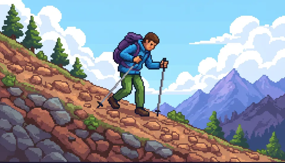 하산 시 등산 스틱을 길게 조절하여 발보다 먼저 짚고 체중을 분산시키는 등산객의 올바른 스틱 사용 자세