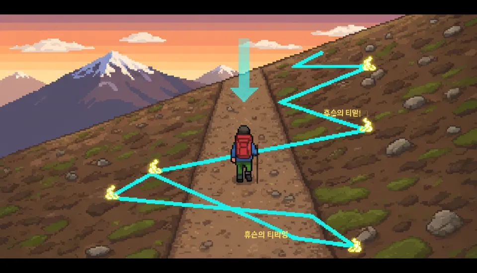 직선 내리막길에서 지그재그 동선으로 이동하며 경사도를 낮추는 등산객의 보행 경로를 나타낸 부감 이미지