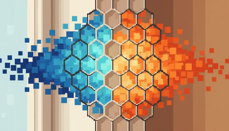 육각형 벌집 구조의 허니콤 블라인드 측면 단면도가 차가운 공기와 따뜻한 공기를 분리하여 단열 효과를 내는 원리를 보여주는 이미지