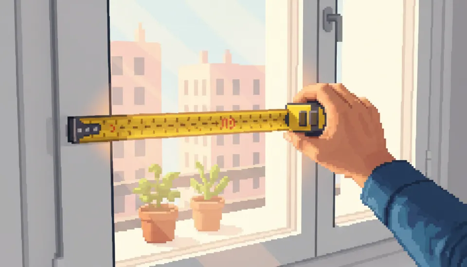 노후 아파트의 흰색 창틀 너비를 노란색 금속 줄자로 정밀하게 측정하고 있는 손의 클로즈업 사진