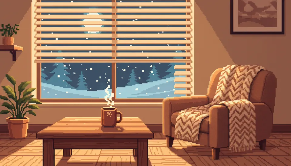 따뜻한 조명이 켜진 거실에 베이지색 허니콤 블라인드가 내려져 있어 아늑하고 포근한 분위기를 연출하는 인테리어 사진