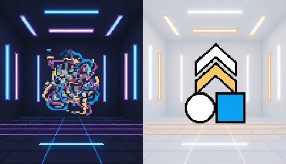 왼쪽에는 흐릿하고 복잡한 구형 AI 로고가 있고 오른쪽에는 미드저니 v7으로 생성한 선명하고 미니멀한 벡터 스타일 로고가 비교된 시각 자료