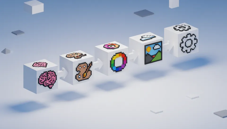 성공적인 미드저니 로고 제작을 위한 5단계 프롬프트 구조인 주제, 스타일, 색상, 배경, 파라미터가 순서대로 연결된 인포그래픽 이미지