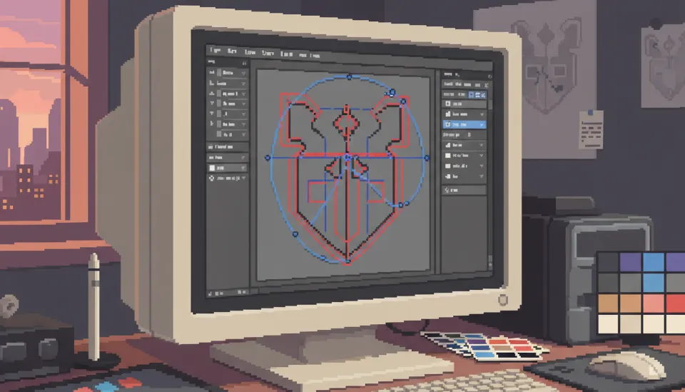 어도비 일러스트레이터 소프트웨어 화면에서 픽셀화된 로고 이미지가 선명한 벡터 패스로 변환되는 과정을 보여주는 디자인 작업 모니터 화면