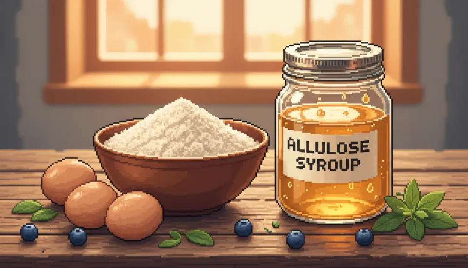 나무 테이블 위에 놓인 아몬드 가루 보울과 알룰로스 시럽 병, 당뇨 베이커리 핵심 재료 클로즈업