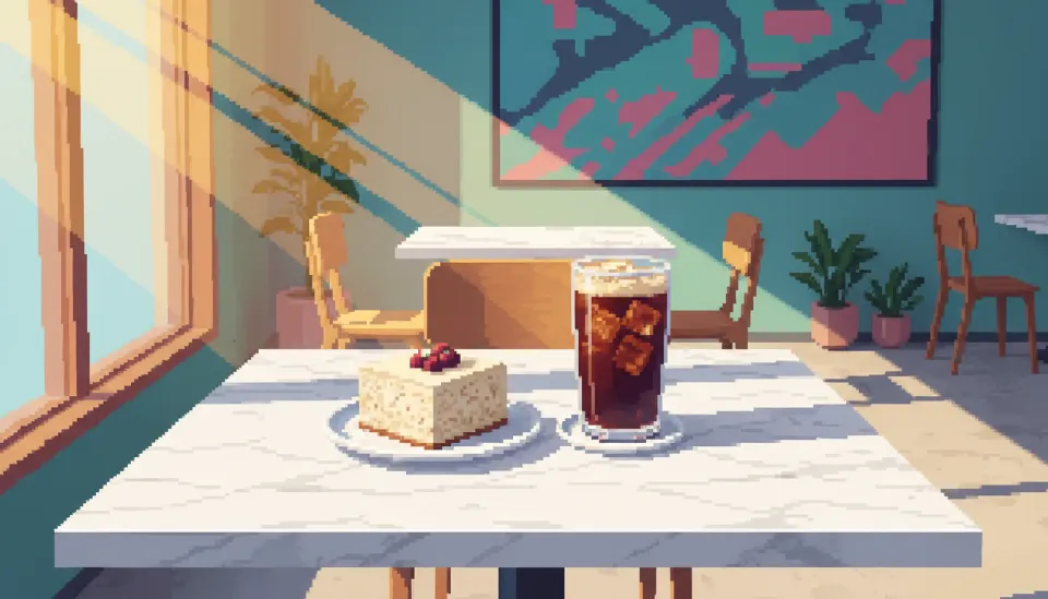 연남동 카페 스타일의 대리석 테이블 위에 놓인 꾸덕한 질감의 저당 두부 케이크와 아이스 아메리카노