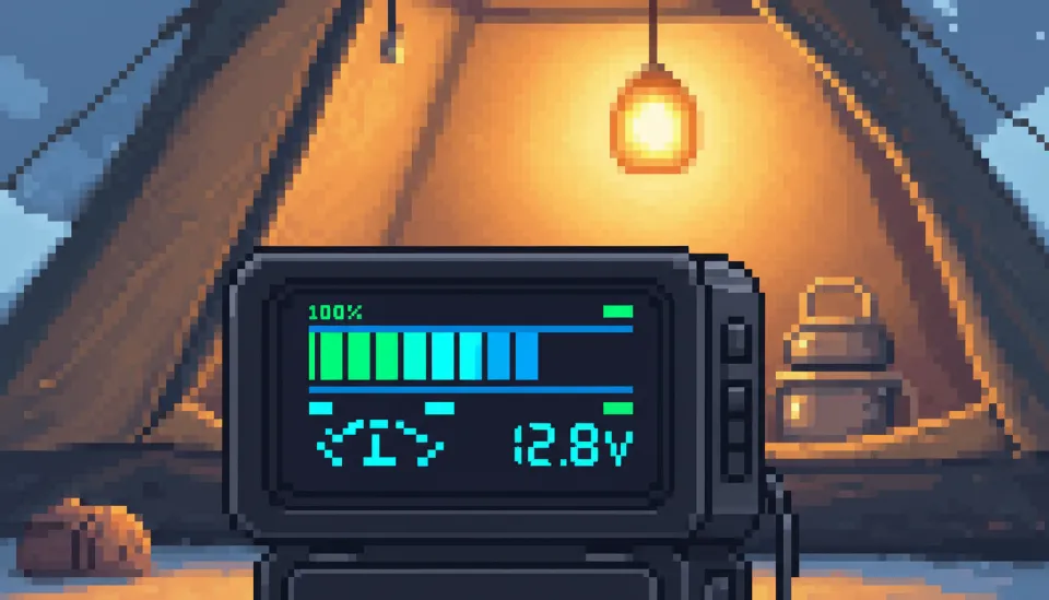 어두운 텐트 내부에서 밝게 빛나는 인산철 파워뱅크의 LCD 디스플레이 화면에 12.8V 전압과 배터리 잔량이 표시된 모습