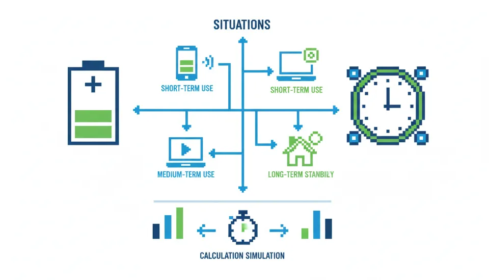배터리 용량과 전기장판 사용 시간의 상관관계를 시계 아이콘으로 시각화하여 계산법을 보여주는 인포그래픽 이미지