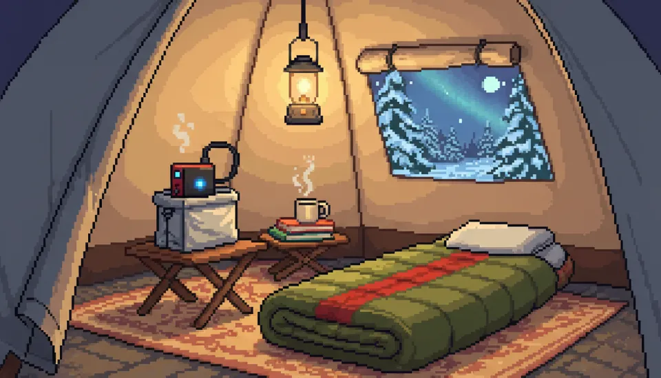 텐트 내부에서 냉기 차단을 위해 받침대 위에 올려진 보온 가방에 싸인 파워뱅크와 따뜻한 침낭이 있는 모습