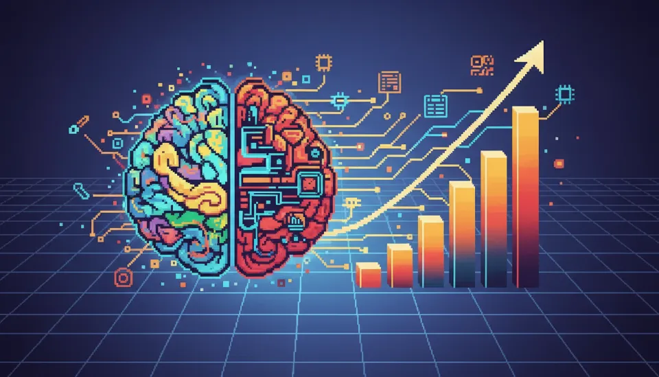 MBTI 성격 유형과 연봉 상승의 상관관계를 나타내는 뇌 구조와 상승하는 막대그래프가 연결된 미래지향적 일러스트