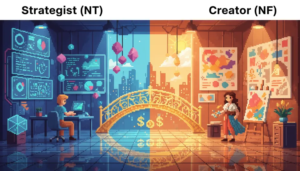 NT 유형의 데이터 분석 화면과 NF 유형의 창의적인 스튜디오 공간이 금색 다리로 연결되어 고수익을 상징하는 3D 렌더링 이미지