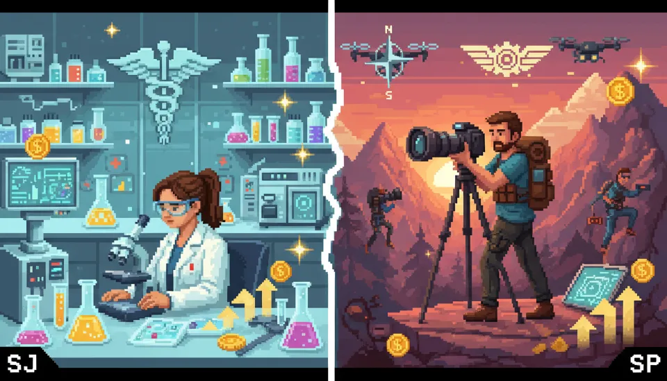 정밀한 의료 실험실에서 일하는 SJ 유형과 역동적인 야외 현장에서 활약하는 SP 유형의 전문가 모습을 대비시킨 고화질 이미지