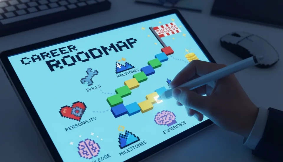 태블릿 위에 디지털 펜으로 스킬과 성격 특성, 성공 이정표가 표시된 커리어 로드맵을 그리고 있는 손의 클로즈업 이미지