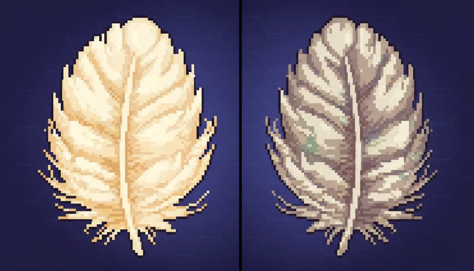 드라이클리닝으로 인해 손상되어 푸석해진 깃털과 천연 유분이 유지된 건강한 구스다운 깃털의 현미경 비교 사진