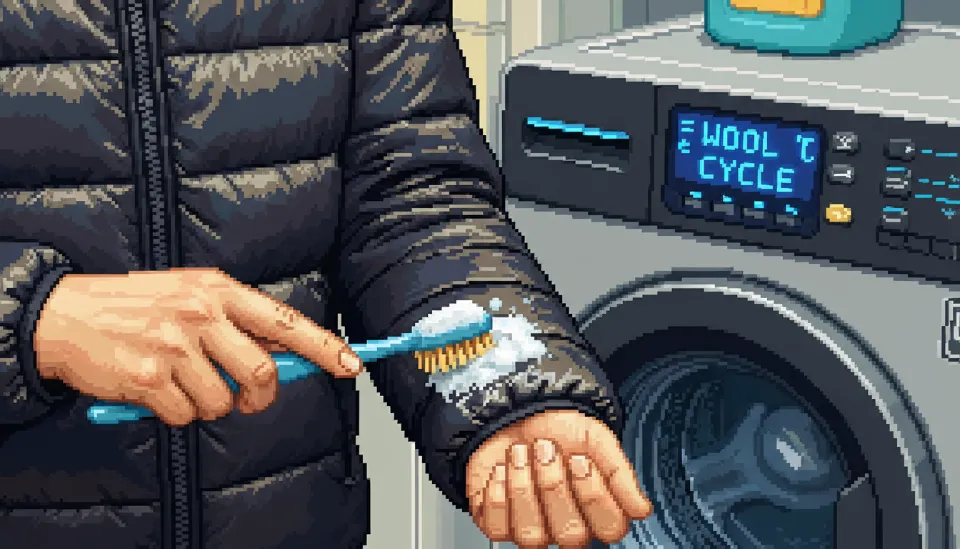 세탁기에 넣기 전 패딩 소매의 오염을 칫솔로 애벌빨래하고 있는 모습과 울 코스로 설정된 세탁기 화면