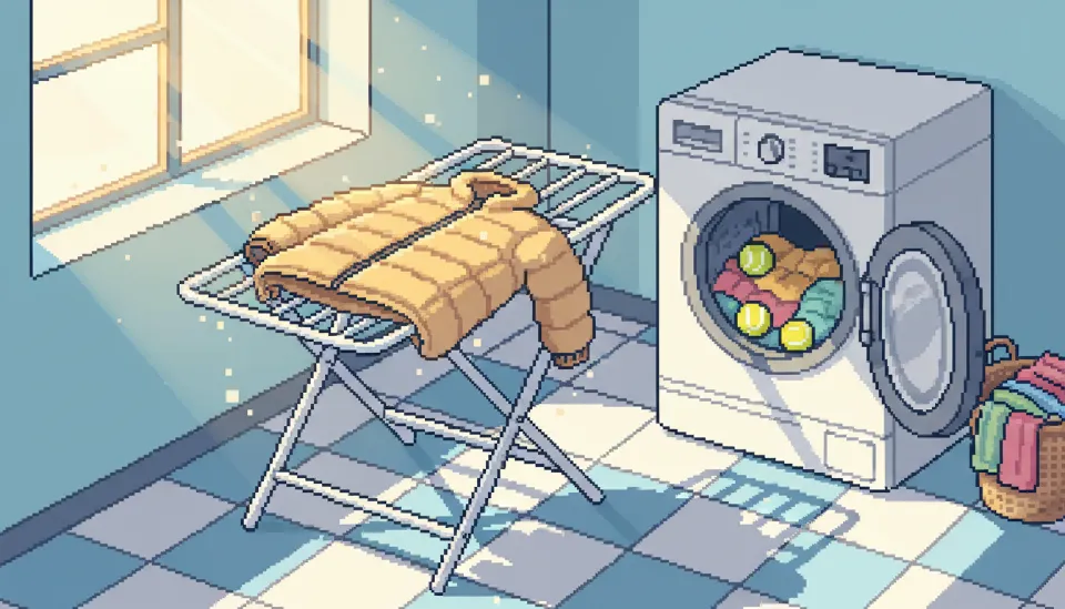 건조대 위에 수평으로 눕혀 건조 중인 베이지색 패딩과 볼륨 복원을 위해 테니스공과 함께 건조기에 들어갈 준비 모습