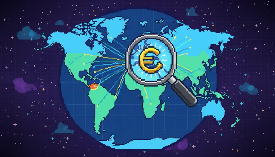 전 세계 지도 위로 한국과 해외 국가 간의 금융 데이터가 실선으로 연결되어 정보를 교환하는 모습을 형상화한 CRS 및 트래블룰 개념도