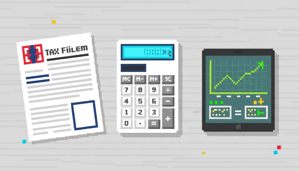 홈택스 신고 화면을 연상시키는 서류와 계산기, 그리고 USDT를 원화로 환산하는 환율 그래프가 표시된 태블릿이 놓인 책상
