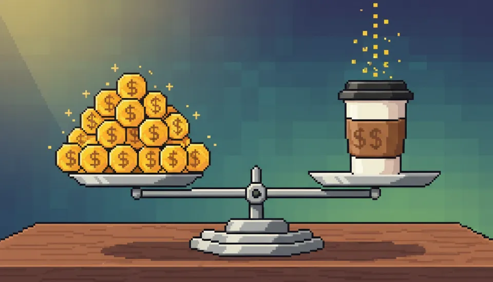 저울 위에 놓인 테이크아웃 커피 컵과 황금 동전 더미가 균형을 이루고 있는 모습으로 소액 투자의 가치를 시각적으로 표현한 이미지