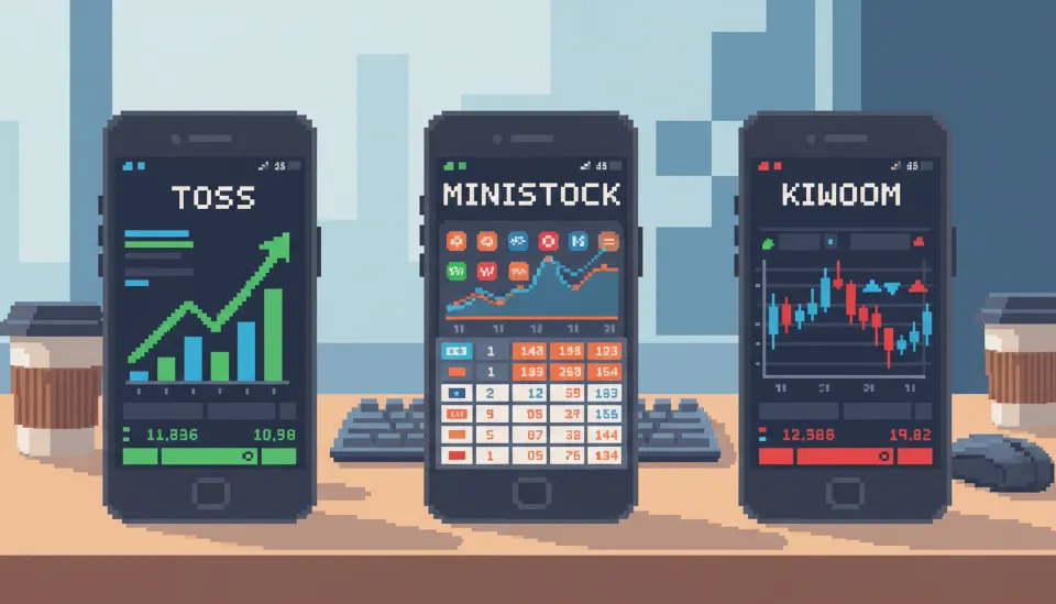 토스증권, 미니스탁, 키움증권의 모바일 트레이딩 시스템 화면이 켜져 있는 스마트폰 세 대가 나란히 놓여 비교되고 있는 모습