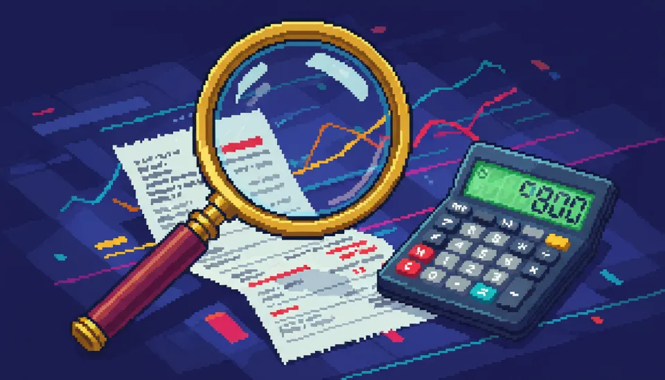 돋보기를 통해 금융 거래 영수증에 적힌 숨겨진 수수료 항목을 자세히 들여다보는 모습과 옆에 놓인 계산기 이미지