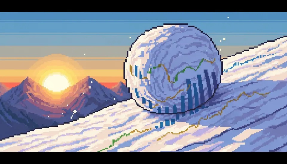 눈 덮인 언덕을 굴러 내려가며 점점 커지는 스노우볼과 그 위에 겹쳐진 상승하는 주식 그래프, 새로운 시작을 알리는 일출 배경