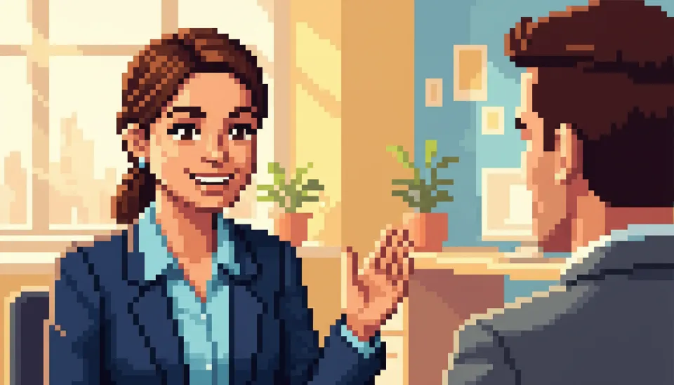 현대적인 오피스 환경에서 자신감 있는 표정으로 면접관과 눈을 맞추며 자기소개를 하고 있는 지원자의 모습