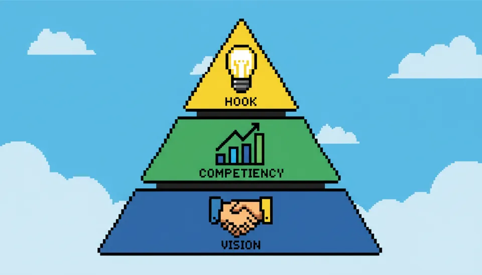 영어 자기소개 3단 구조를 설명하는 인포그래픽, 훅(정체성), 역량(성과), 비전(기여)이 피라미드 형태로 시각화된 이미지