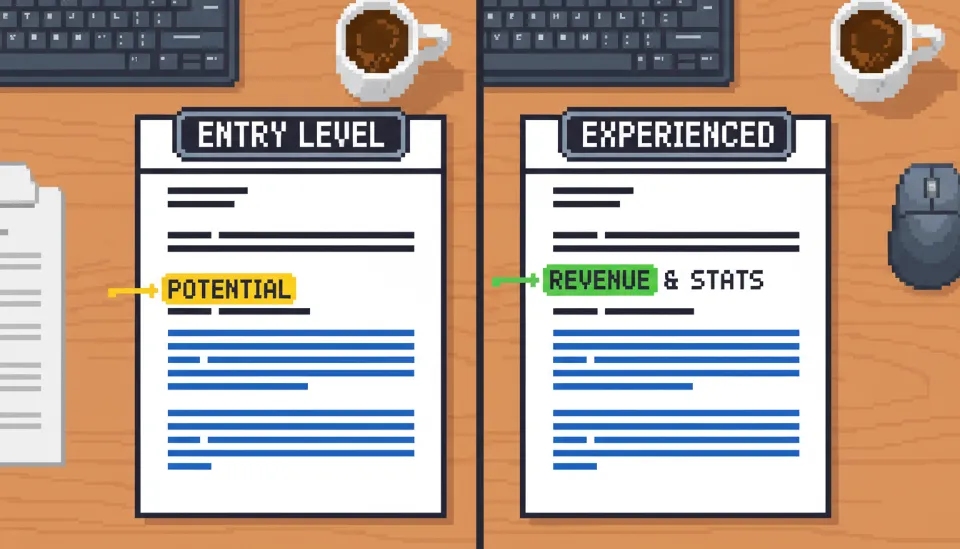 신입 지원자와 경력직 지원자의 자기소개 스크립트 차이점을 보여주는 문서 이미지, 잠재력과 수치 성과가 각각 강조되어 있음