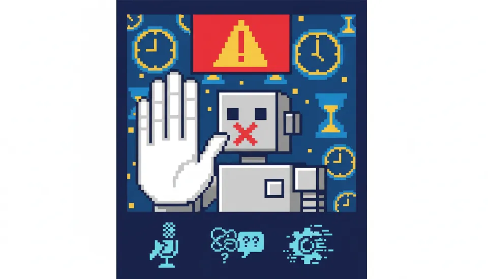 로봇처럼 암기한 말투를 금지하고 시간 관리를 강조하는 주의 표시 컨셉의 일러스트레이션