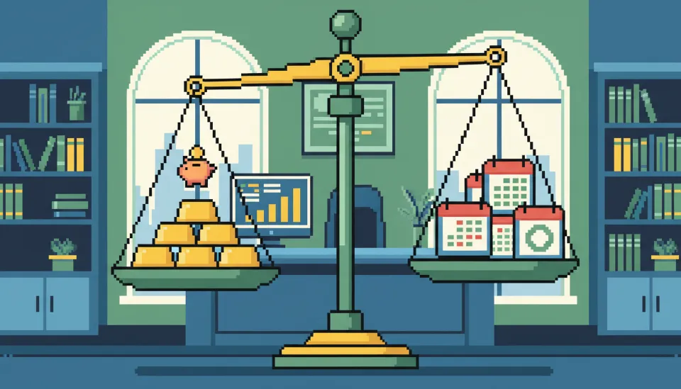 개인회생 변제금 산정 시 재산 가치와 월 변제금의 균형을 나타내는 저울과 금융 전략을 상징하는 현대적인 사무실 배경