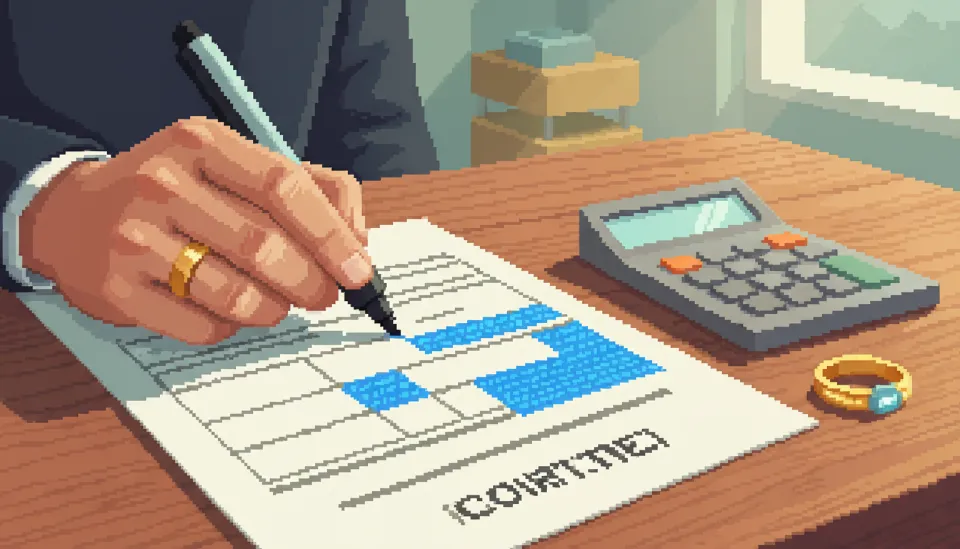 부동산 계약서의 면제재산 조항을 검토하는 손과 배우자 재산 산정을 상징하는 계산기 및 결혼반지 이미지